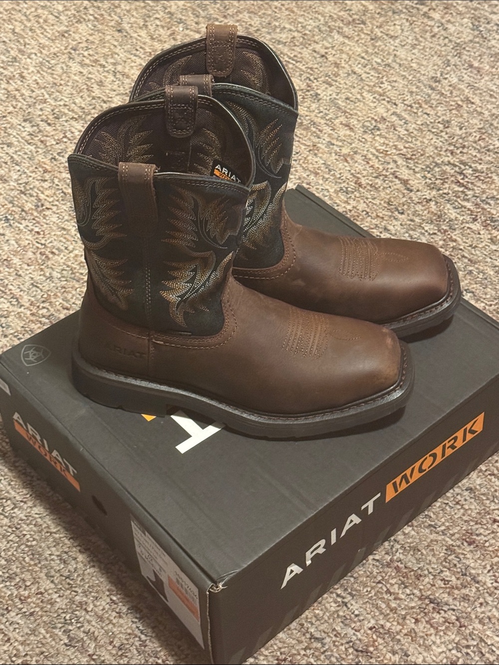 Ariat Brown Leather Square-Toe Western Boots with Embroidered Shaft